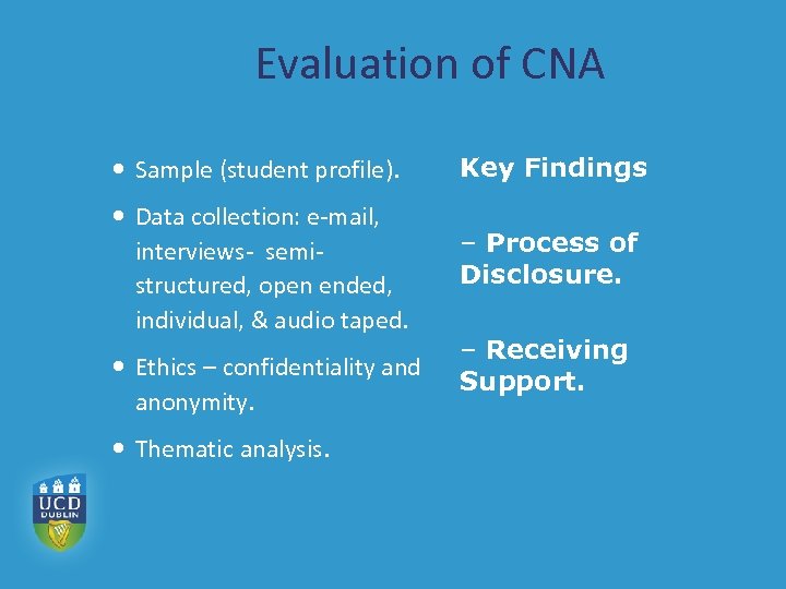 Evaluation of CNA Sample (student profile). Key Findings Data collection: e-mail, interviews- semistructured, open