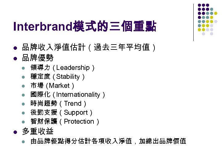 Interbrand模式的三個重點 l l 品牌收入淨值估計（過去三年平均值） 品牌優勢 l l l l 領導力（Leadership） 穩定度（Stability） 市場（ Market） 國際化（Internationality）