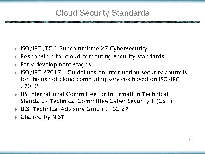 Cloud Security Standards ISO/IEC JTC 1 Subcommittee 27 Cybersecurity Responsible for cloud computing security