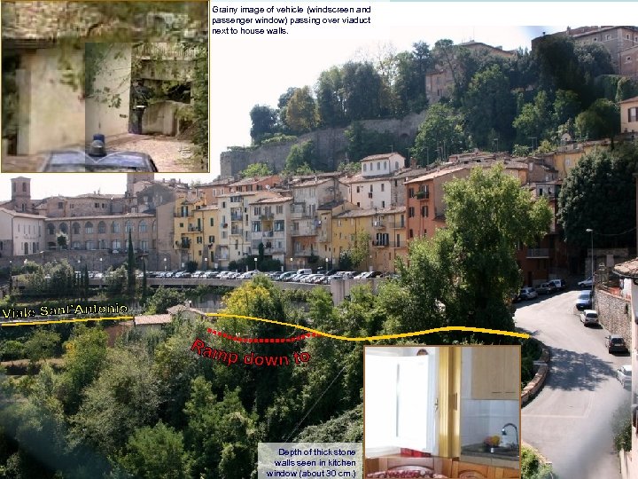 Grainy image of vehicle (windscreen and passenger window) passing over viaduct next to house