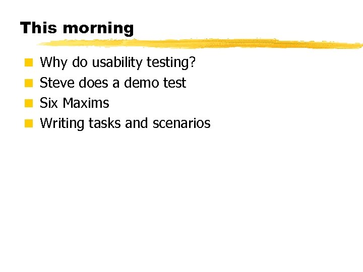 This morning < Why do usability testing? < Steve does a demo test <