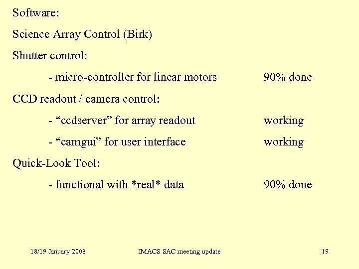 Software: Science Array Control (Birk) Shutter control: - micro-controller for linear motors 90% done
