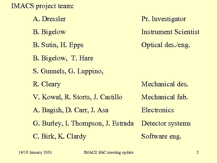 IMACS project team: A. Dressler Pr. Investigator B. Bigelow Instrument Scientist B. Sutin, H.