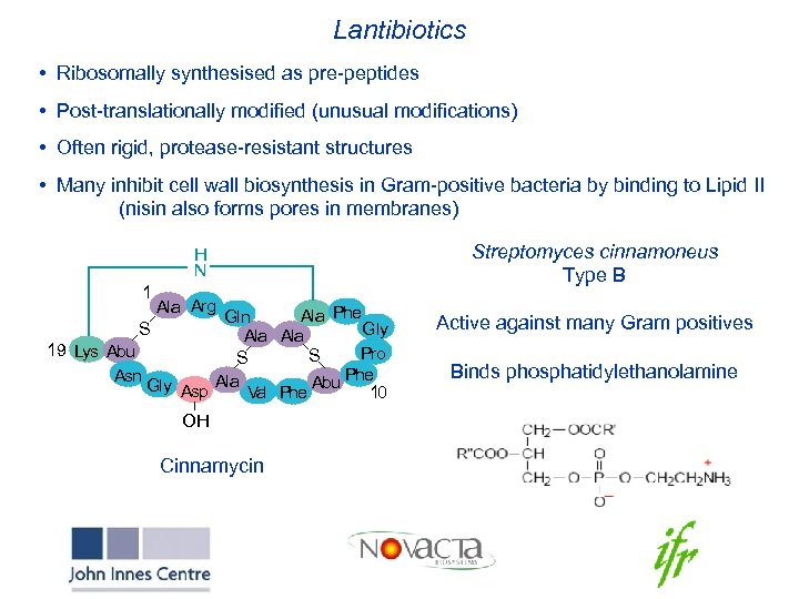 Lantibiotics • Ribosomally synthesised as pre-peptides • Post-translationally modified (unusual modifications) • Often rigid,