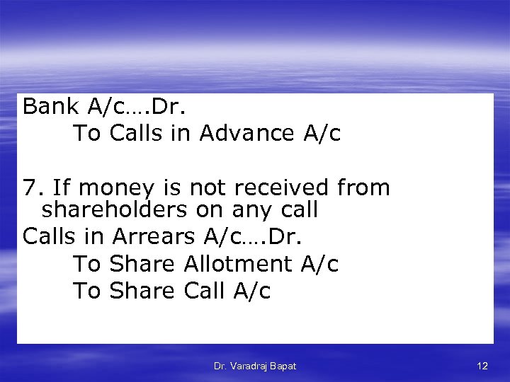 Bank A/c…. Dr. To Calls in Advance A/c 7. If money is not received