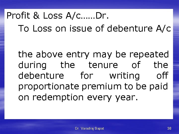 Profit & Loss A/c……Dr. To Loss on issue of debenture A/c the above entry