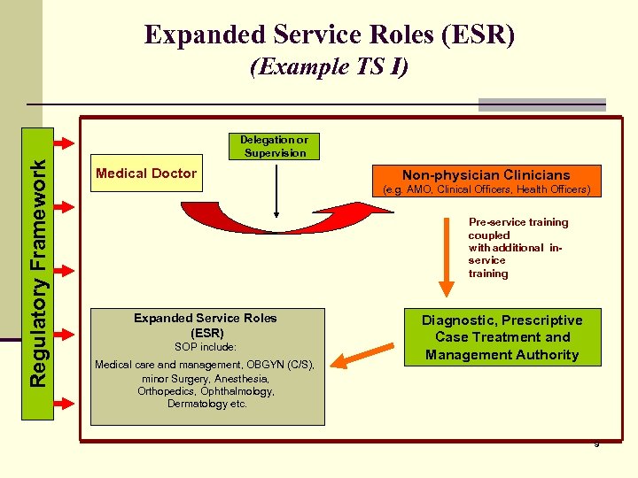 Expanded Service Roles (ESR) Regulatory Framework (Example TS I) Delegation or Supervision Medical Doctor