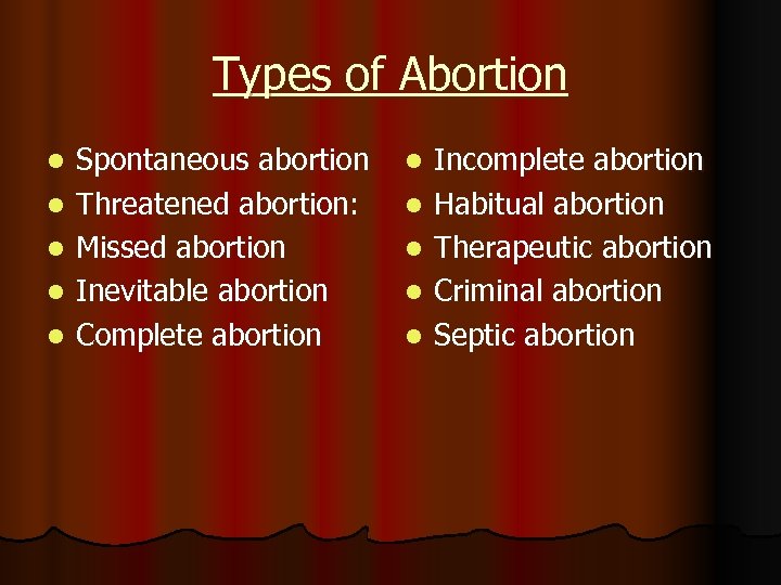 Types of Abortion l l l Spontaneous abortion Threatened abortion: Missed abortion Inevitable abortion