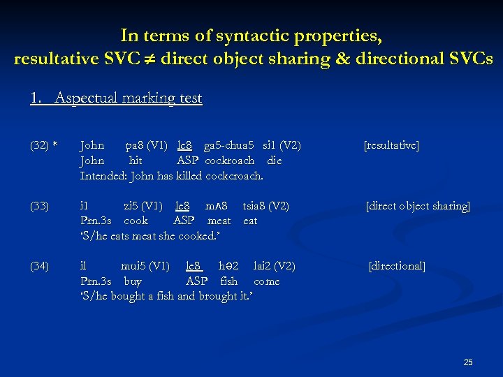 In terms of syntactic properties, resultative SVC direct object sharing & directional SVCs 1.