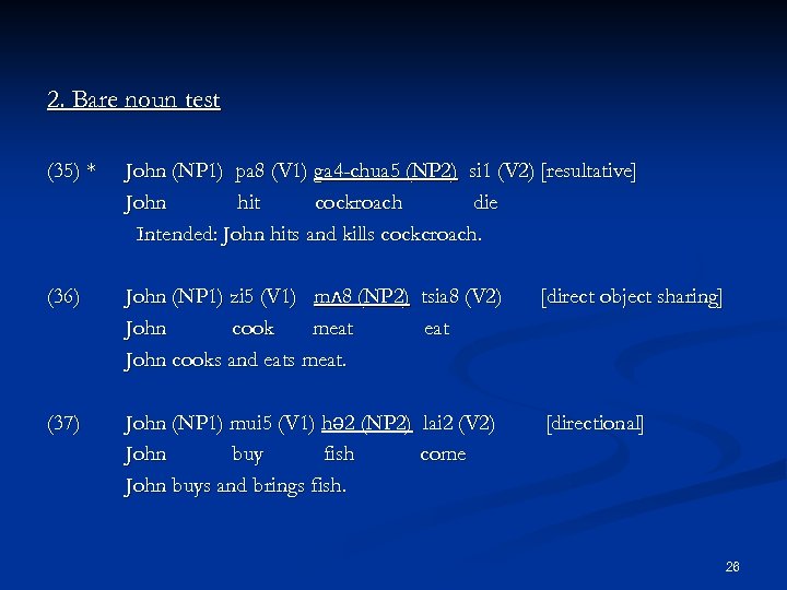 2. Bare noun test (35) * John (NP 1) pa 8 (V 1) ga