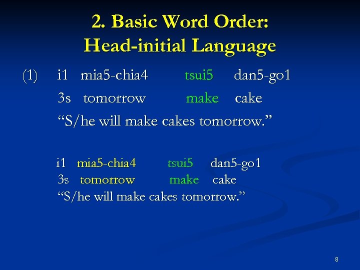 2. Basic Word Order: Head-initial Language (1) i 1 mia 5 -chia 4 tsui