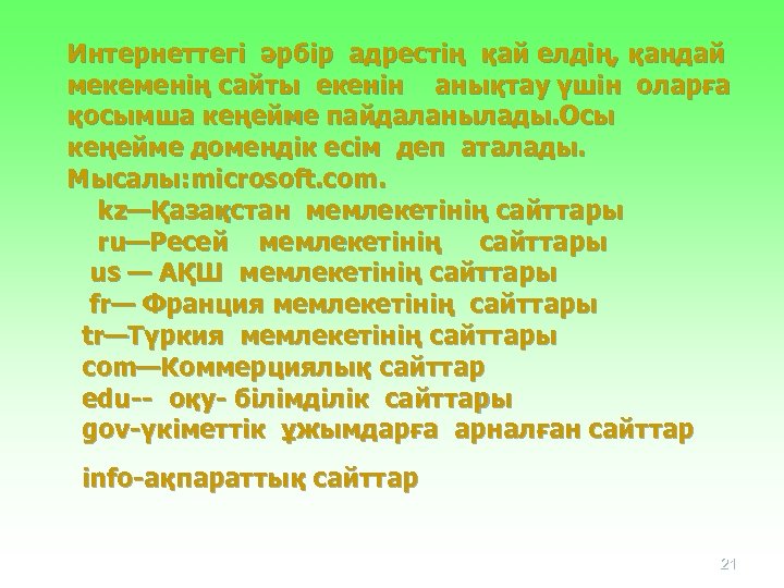 Интернеттегі әрбір адрестің қай елдің, қандай мекеменің сайты екенін анықтау үшін оларға қосымша кеңейме