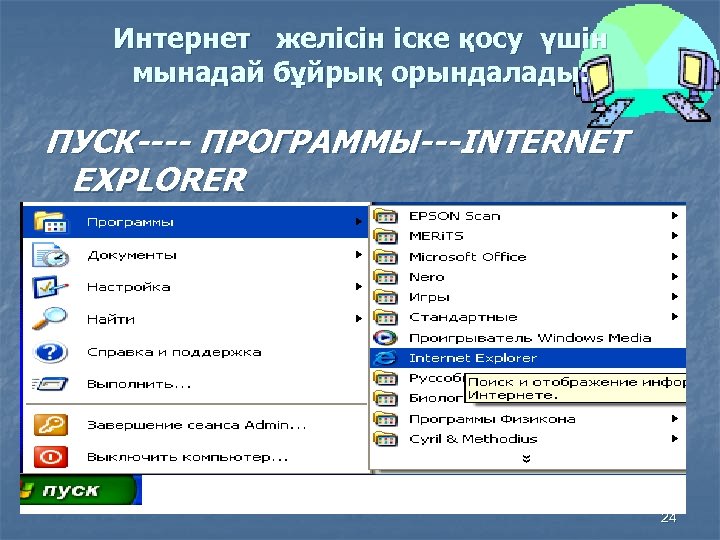  Интернет желісін іске қосу үшін мынадай бұйрық орындалады: ПУСК---- ПРОГРАММЫ---INTERNET EXPLORER 24 