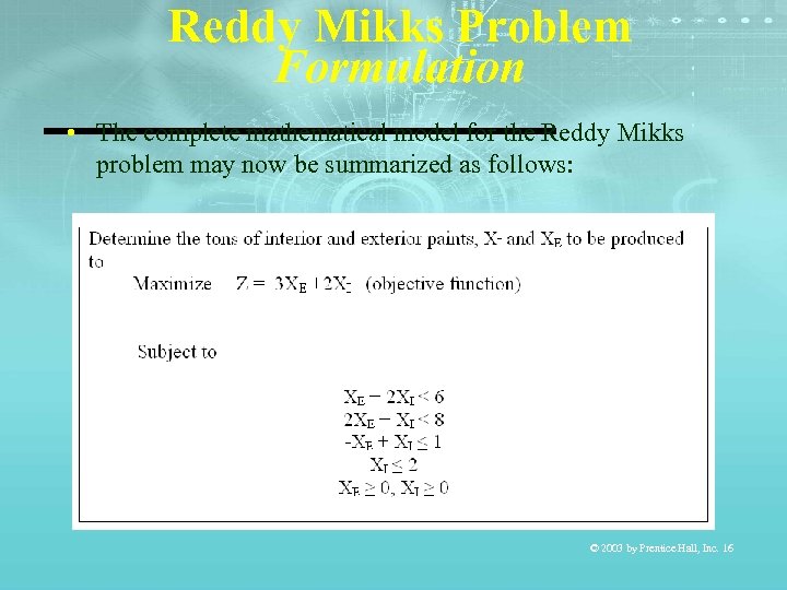 Reddy Mikks Problem Formulation • The complete mathematical model for the Reddy Mikks problem