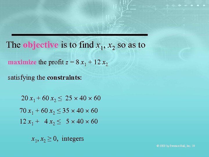 The objective is to find x 1, x 2 so as to maximize the