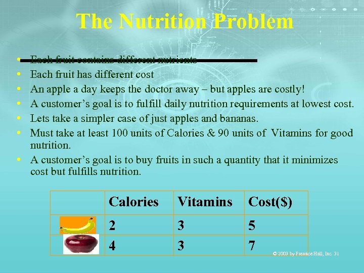 The Nutrition Problem • • • Each fruit contains different nutrients Each fruit has