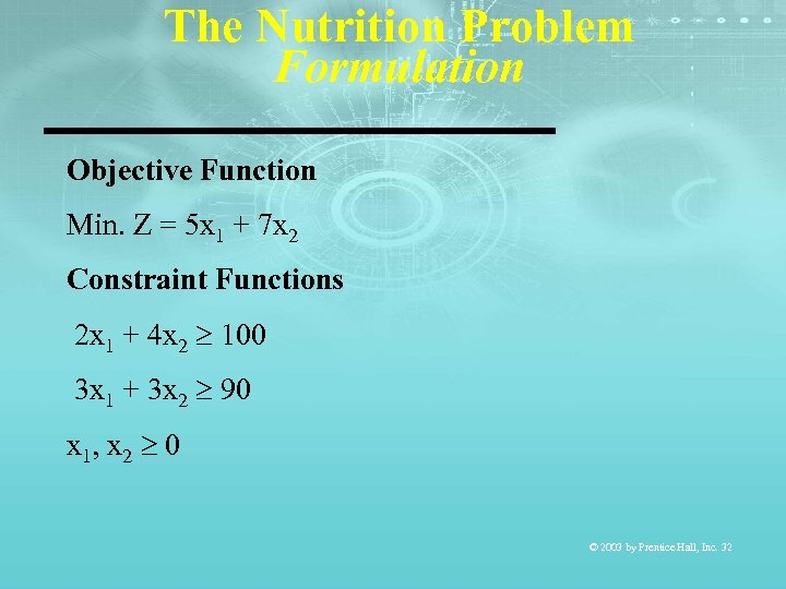 The Nutrition Problem Formulation Objective Function Min. Z = 5 x 1 + 7