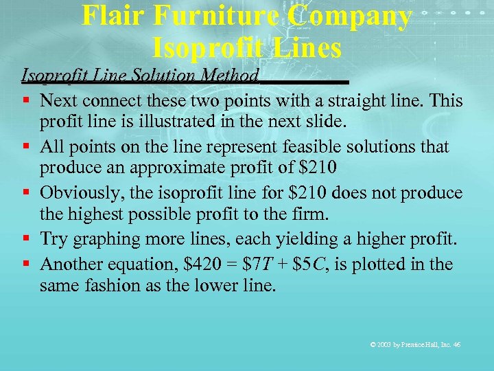 Flair Furniture Company Isoprofit Lines Isoprofit Line Solution Method § Next connect these two