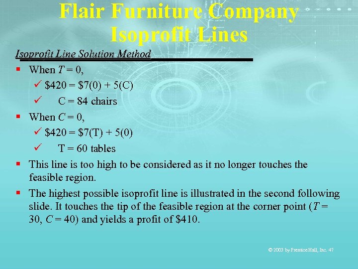 Flair Furniture Company Isoprofit Lines Isoprofit Line Solution Method § When T = 0,