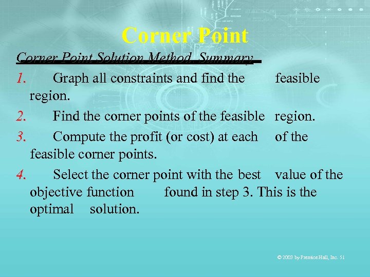 Corner Point Solution Method, Summary 1. Graph all constraints and find the feasible region.