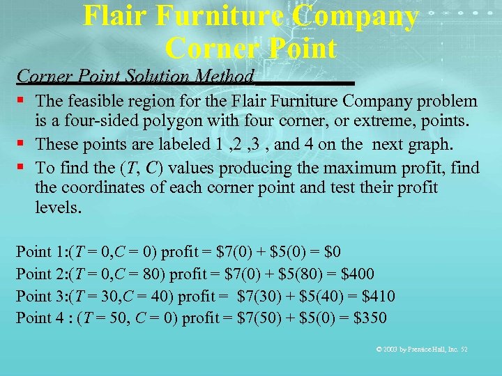 Flair Furniture Company Corner Point Solution Method § The feasible region for the Flair