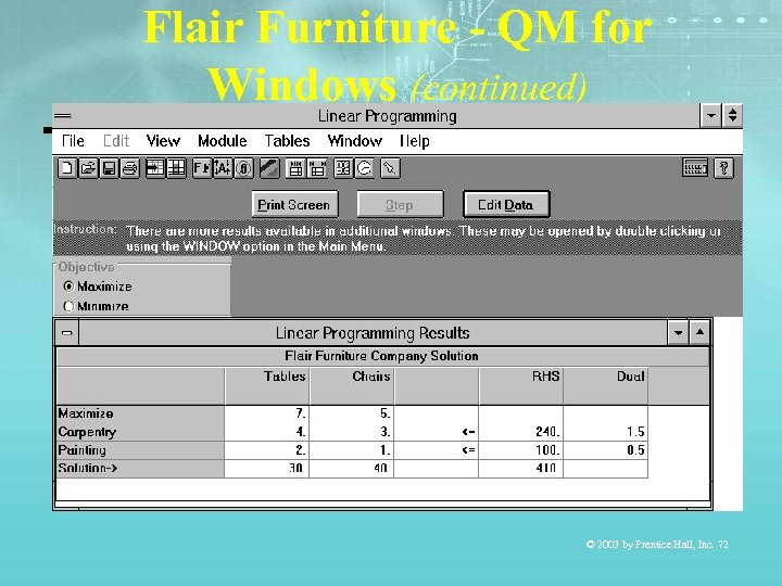 Flair Furniture - QM for Windows (continued) © 2003 by Prentice Hall, Inc. 72