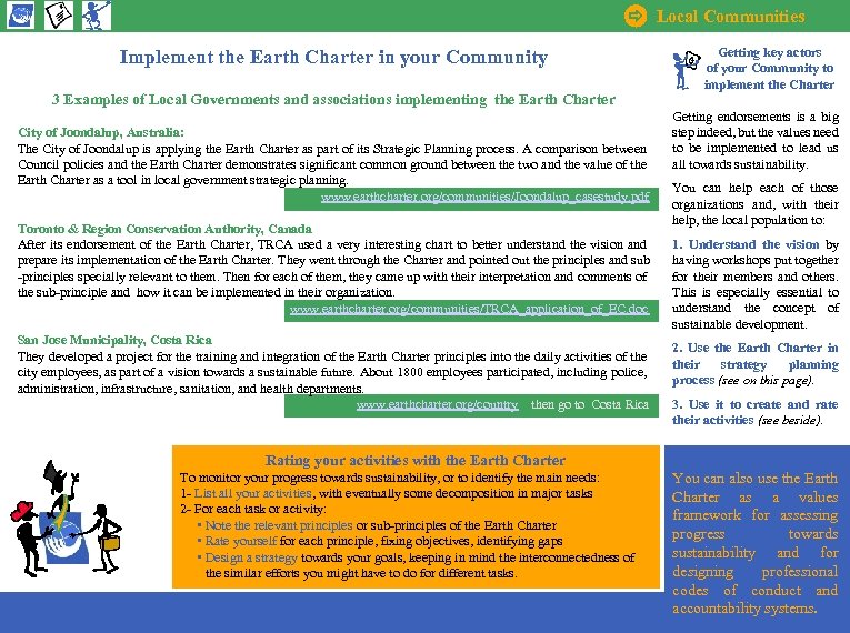  Local Communities Implement the Earth Charter in your Community 3 Examples of Local