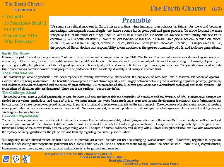 The Earth Charter is made of: • Preamble • 16 Principles divided in 4