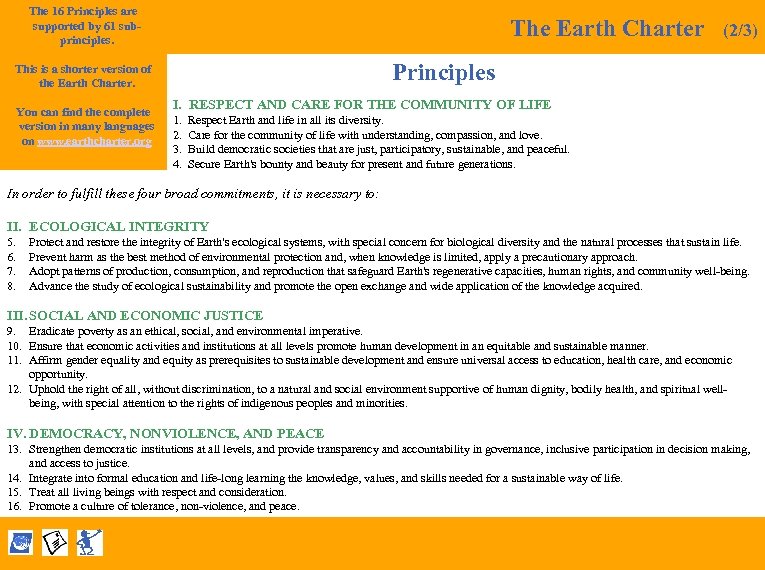 The 16 Principles are supported by 61 subprinciples. The Earth Charter Principles This is