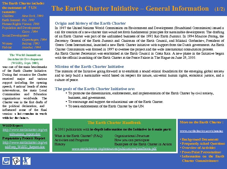 The Earth Charter includes the outcomes of 7 UN summits: Children New-York, 1990 Earth