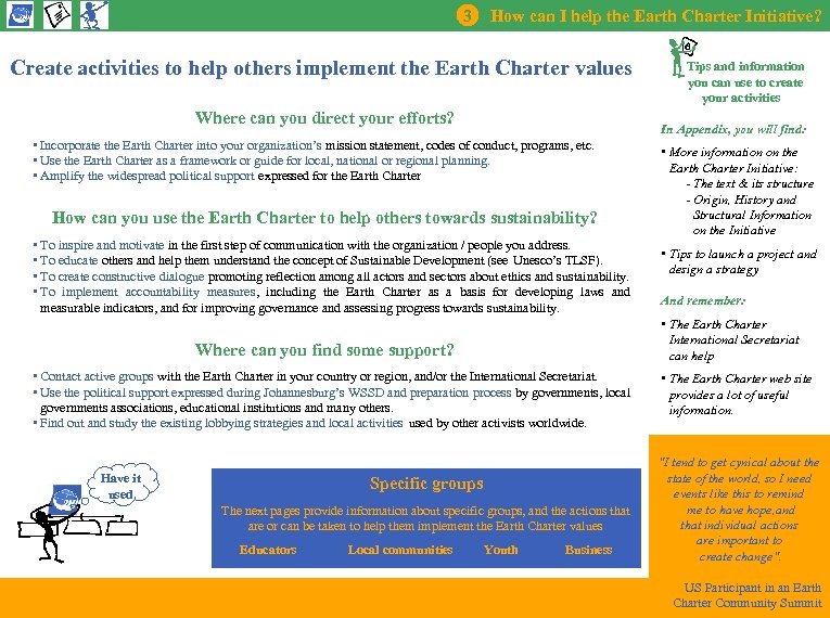 3 How can I help the Earth Charter Initiative? Create activities to help others