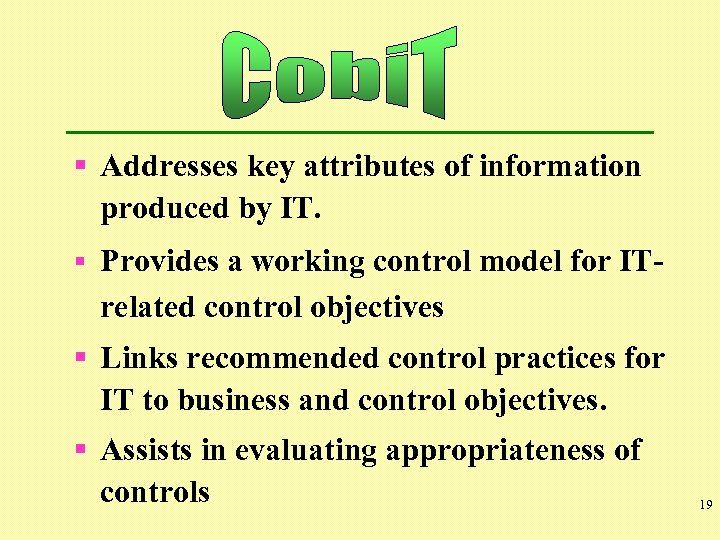 § Addresses key attributes of information produced by IT. § Provides a working control