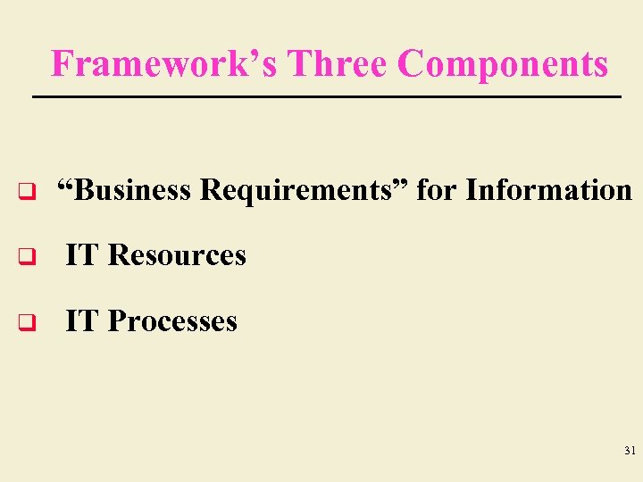 Framework’s Three Components q “Business Requirements” for Information q IT Resources q IT Processes