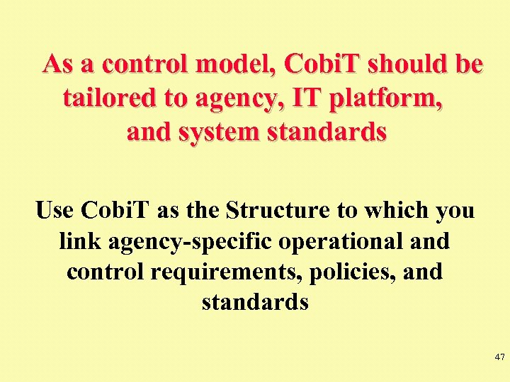 As a control model, Cobi. T should be tailored to agency, IT platform, and