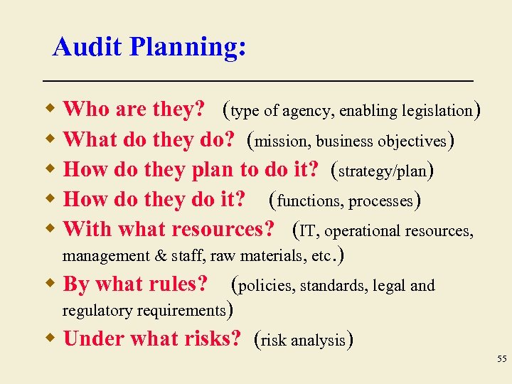 Audit Planning: w Who are they? (type of agency, enabling legislation) w What do