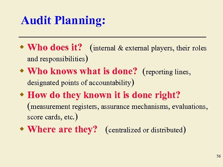 Audit Planning: w Who does it? (internal & external players, their roles and responsibilities)