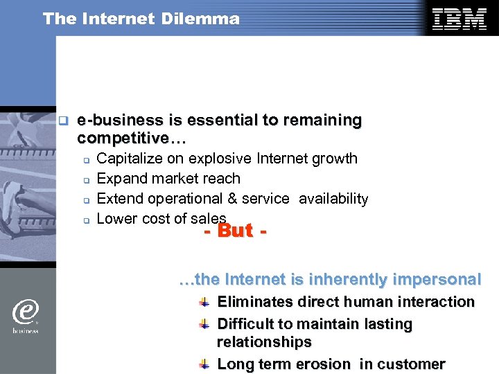 The Internet Dilemma q e-business is essential to remaining competitive… q q Capitalize on