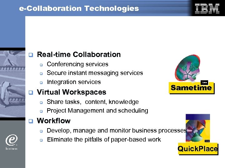 e-Collaboration Technologies q Real-time Collaboration q q Virtual Workspaces q q q Conferencing services