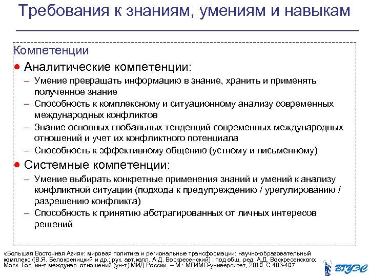 Требования к знаниям, умениям и навыкам Компетенции · Аналитические компетенции: – Умение превращать информацию