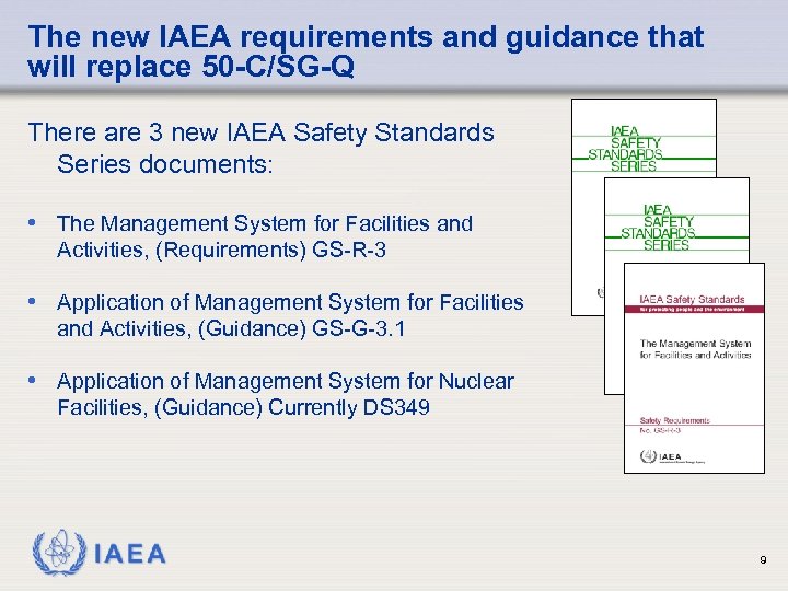 The new IAEA requirements and guidance that will replace 50 -C/SG-Q There are 3