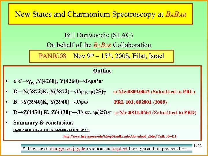 New States and Charmonium Spectroscopy at BABAR Bill Dunwoodie (SLAC) On behalf of the