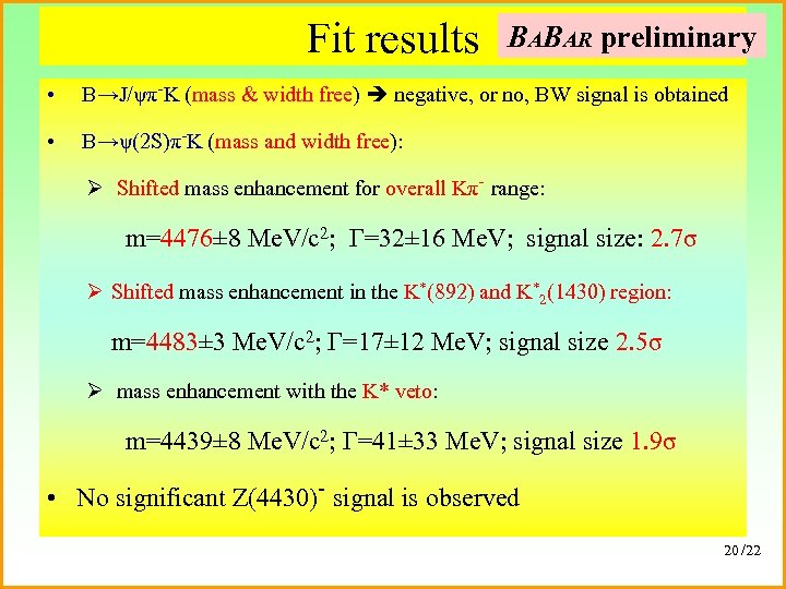 Fit results BABAR preliminary • B→J/ψπ-K (mass & width free) negative, or no, BW