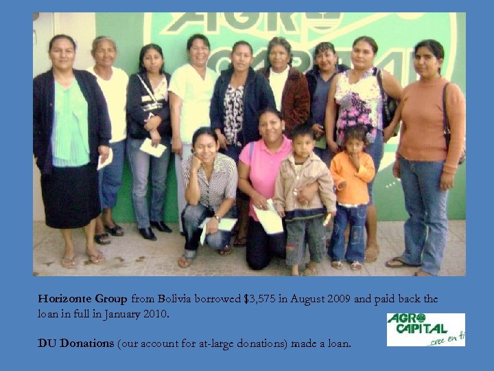 Horizonte Group from Bolivia borrowed $3, 575 in August 2009 and paid back the