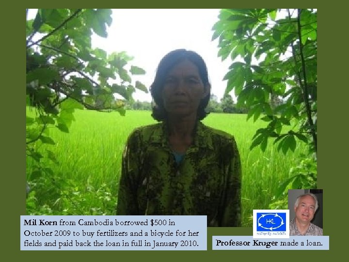 Mil Korn from Cambodia borrowed $500 in October 2009 to buy fertilizers and a