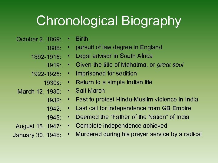 Chronological Biography October 2, 1869: 1888: 1892 -1915: 1919: 1922 -1925: 1930 s: March