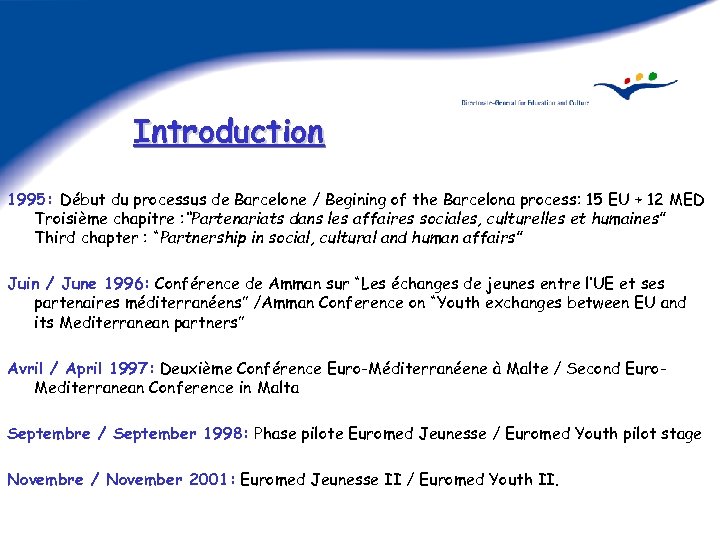 Introduction 1995: Début du processus de Barcelone / Begining of the Barcelona process: 15