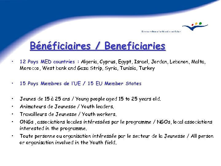 Bénéficiaires / Beneficiaries • 12 Pays MED countries : Algeria, Cyprus, Egypt, Israel, Jordan,