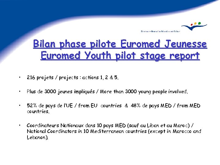 Bilan phase pilote Euromed Jeunesse Euromed Youth pilot stage report • 216 projets /