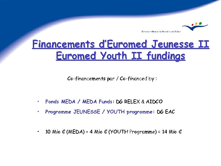 Financements d’Euromed Jeunesse II Euromed Youth II fundings Co-financements par / Co-financed by :