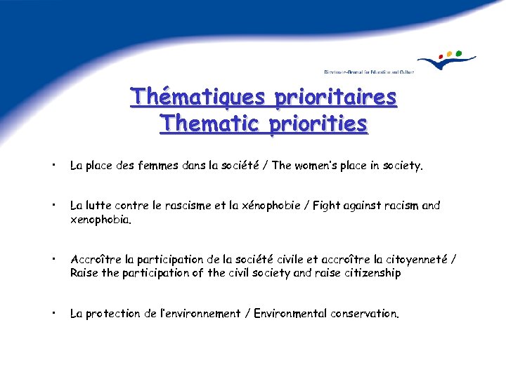 Thématiques prioritaires Thematic priorities • La place des femmes dans la société / The